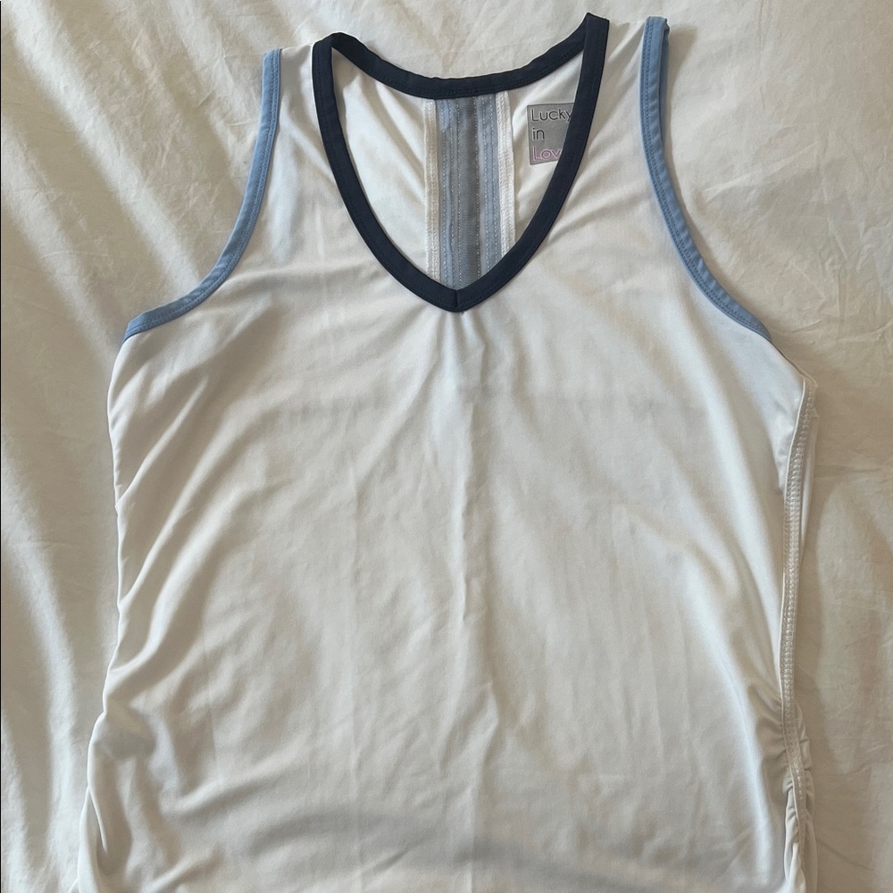 Lucky in Love White Tennis Top with Blue Accents